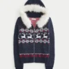 Hanorac cu glugă și bordură din blană artificială Fair Isle cu fermoar Hanorac cu glugă și bordură din blană artificială Fair Isle cu fermoar