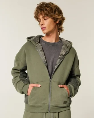 Hanorac cu glugă și fermoar, căptușit cu sherpa, Hollister x Crocs