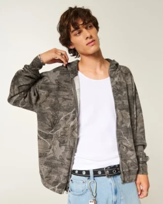 Hanorac cu glugă și fermoar, model Boxy Thermal Camo
