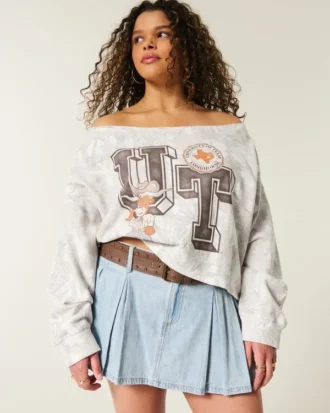 Hanorac cu imprimeu grafic Easy Double Off-the-Shoulder University of Texas