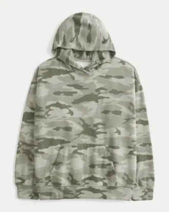 Hanorac oversized cu glugă și imprimeu camuflaj