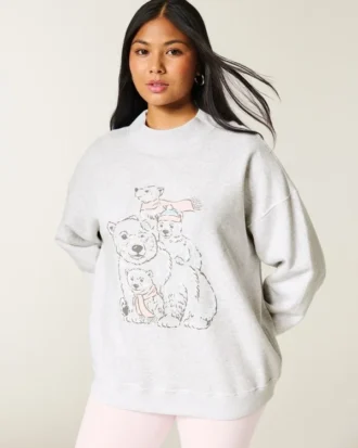 Hanorac oversized cu guler înalt și imprimeu cu urs Hanorac oversized cu guler înalt și imprimeu cu urs