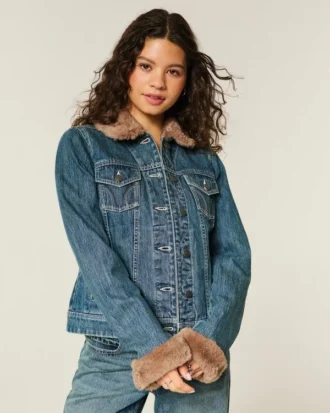 Jacheta din denim cu bordură din blană artificială