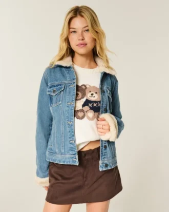 Jacheta din denim cu bordură din blană artificială