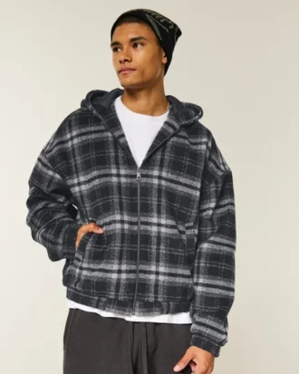 Jacheta skater cu glugă din flanelă în carouri Jacheta skater cu glugă din flanelă în carouri