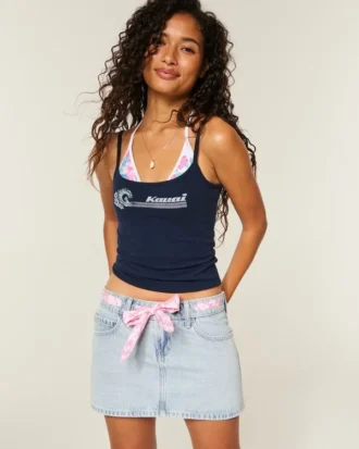 Mini fustă din denim cu talie joasă și șnur