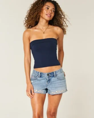 Mini pantaloni scurți din denim brodați, cu talie ultra joasă