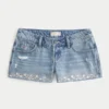 Mini pantaloni scurți din denim brodați, cu talie ultra joasă Mini pantaloni scurți din denim brodați, cu talie ultra joasă
