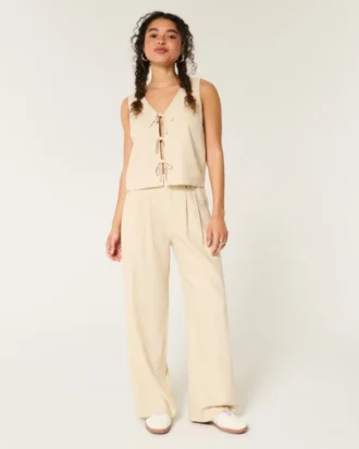 Pantaloni largi din amestec de in, cu talie foarte înaltă, Hollister Livvy