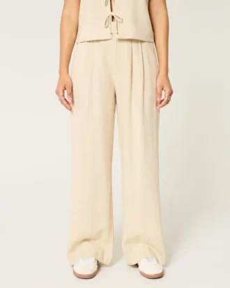 Pantaloni largi din amestec de in, cu talie foarte înaltă, Hollister Livvy
