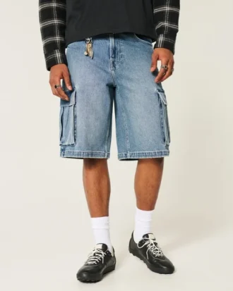 Pantaloni scurți cargo din denim super largi, spălați mediu Pantaloni scurți cargo din denim super largi, spălați mediu