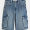 Pantaloni scurți cargo din denim super largi, spălați mediu Pantaloni scurți cargo din denim super largi, spălați mediu