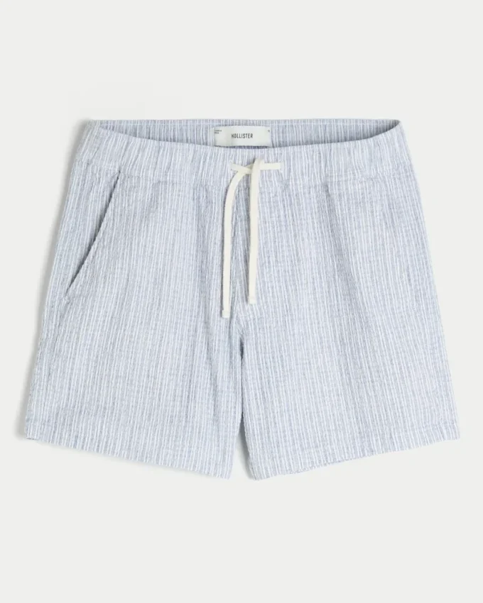 Pantaloni scurți din amestec de in și seersucker, până la jumătatea coapsei Pantaloni scurți din amestec de in și seersucker, până la jumătatea coapsei