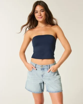 Pantaloni scurți din denim cu talie joasă, spălare deschisă, pliabili, 5″ Pantaloni scurți din denim cu talie joasă, spălare deschisă, pliabili, 5″