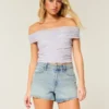 Pantaloni scurți din denim cu talie înaltă, spălați ușor, în stil A-Line Pantaloni scurți din denim cu talie înaltă, spălați ușor, în stil A-Line