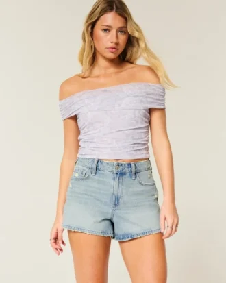 Pantaloni scurți din denim cu talie înaltă, spălați ușor, în stil A-Line