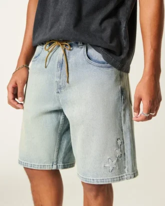Pantaloni scurți din denim largi, cu broderie în formă de stea