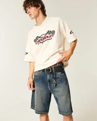 Pantaloni scurți din denim largi cu imprimeu șarpe Pantaloni scurți din denim largi cu imprimeu șarpe