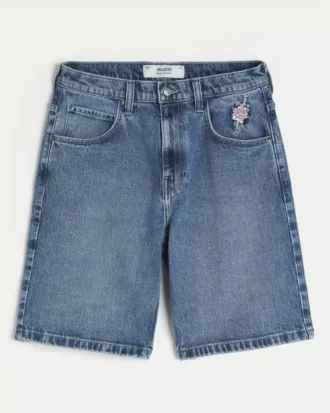 Pantaloni scurți din denim largi cu imprimeu trandafir Pantaloni scurți din denim largi cu imprimeu trandafir
