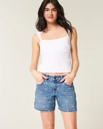 Pantaloni scurți din denim largi, cu talie joasă și model cu fundiță Pantaloni scurți din denim largi, cu talie joasă și model cu fundiță