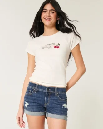 Pantaloni scurți din denim închis la culoare, cu talie joasă și rupturi Pantaloni scurți din denim închis la culoare, cu talie joasă și rupturi