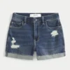 Pantaloni scurți din denim închis la culoare, cu talie înaltă și efect de rupere Pantaloni scurți din denim închis la culoare, cu talie înaltă și efect de rupere