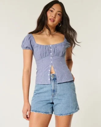 Pantaloni scurți din denim relaxați, cu talie înaltă și spălare medie, 5″ Pantaloni scurți din denim relaxați, cu talie înaltă și spălare medie, 5″