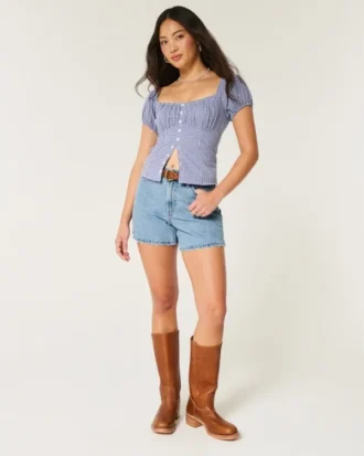 Pantaloni scurți din denim relaxați, cu talie înaltă și spălare medie, 5″ Pantaloni scurți din denim relaxați, cu talie înaltă și spălare medie, 5″