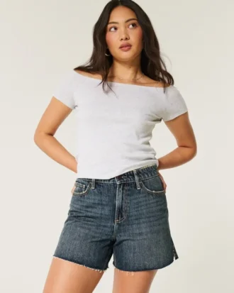 Pantaloni scurți din denim relaxați, cu talie înaltă, spălați închis la culoare, 5″