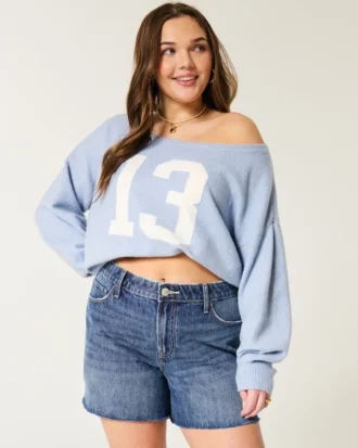 Pantaloni scurți din denim relaxați, cu talie înaltă, spălare medie închisă, 5″