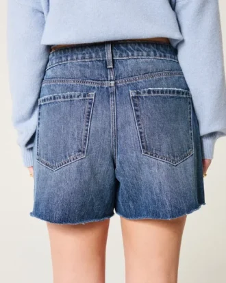 Pantaloni scurți din denim relaxați, cu talie înaltă, spălare medie închisă, 5″