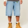 Pantaloni scurți din denim super largi cu imprimeu craniu