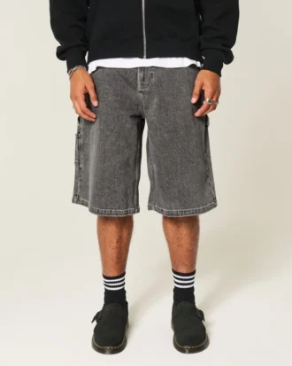 Pantaloni scurți din denim super largi cu imprimeu flacără