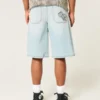 Pantaloni scurți din denim super largi, cu imprimeu grafic Dice, spălați ușor Pantaloni scurți din denim super largi, cu imprimeu grafic Dice, spălați ușor