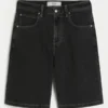 Pantaloni scurți din denim super largi, spălați, negri, cu imprimeu pisică Pantaloni scurți din denim super largi, spălați, negri, cu imprimeu pisică