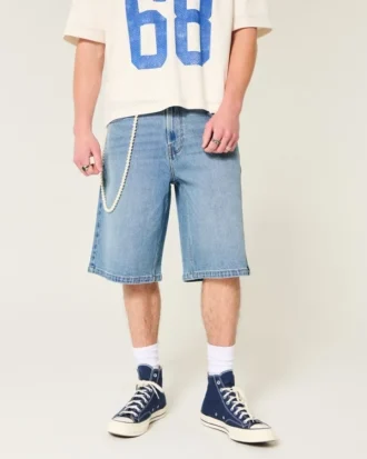Pantaloni scurți din denim super largi, sub genunchi, spălare medie