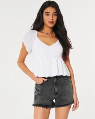 Pantaloni scurți mom din denim negru decolorat, cu talie foarte înaltă