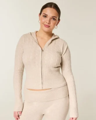 Pulover cu glugă și fermoar Gilly Hicks, tricotat cu model în relief Pulover cu glugă și fermoar Gilly Hicks, tricotat cu model în relief