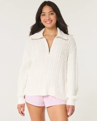 Pulover oversized cu jumătate de fermoar și tricotaj în zig-zag