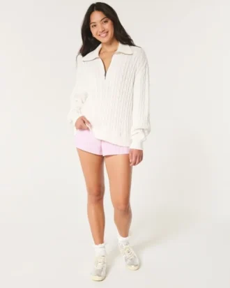 Pulover oversized cu jumătate de fermoar și tricotaj în zig-zag