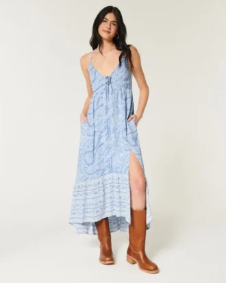 Rochie maxi asimetrică cu decolteu halter