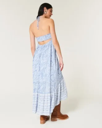 Rochie maxi asimetrică cu decolteu halter
