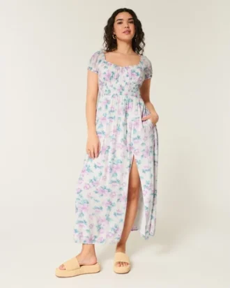 Rochie maxi cu mâneci scurte și spate decupat