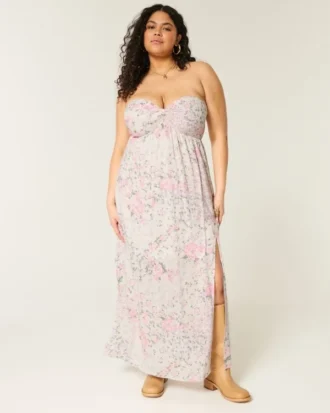 Rochie maxi fără bretele, cu bust răsucit