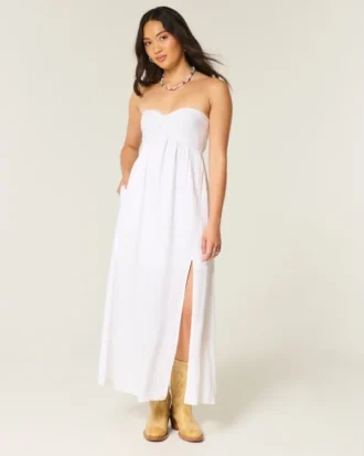 Rochie maxi fără bretele, cu bust răsucit