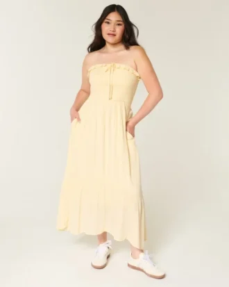 Rochie maxi fără bretele, cu smocuri