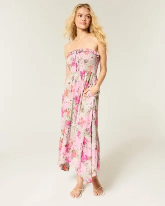 Rochie maxi fără bretele, cu smocuri