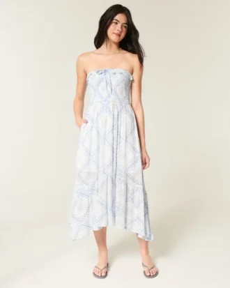 Rochie maxi fără bretele, cu smocuri