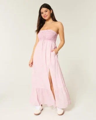 Rochie maxi fără bretele, în stil croșetat
