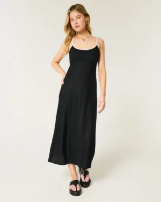 Rochie midi din amestec de in, cu spate decupat
